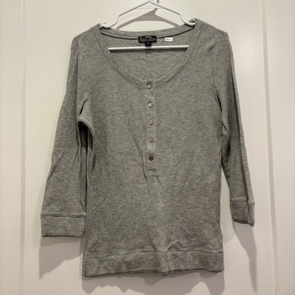 Lauren Ralph Lauren Active Gray Waffle Knit Henley Top 3/4 Sleeve Medium